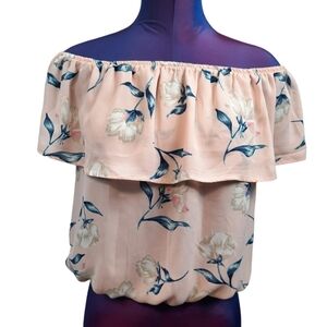 Sienna Sky Floral Blush Off the Shoulder Layered Chiffon Top Size Medium Women's